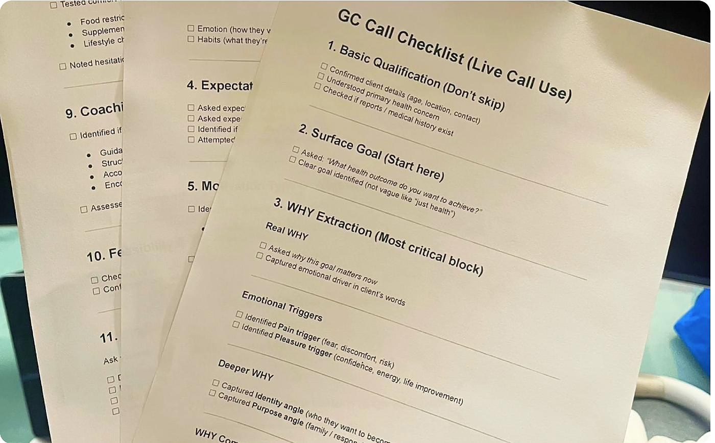Printed guidance counsellor call checklist with sections for basic qualification, surface goal and WHY extraction