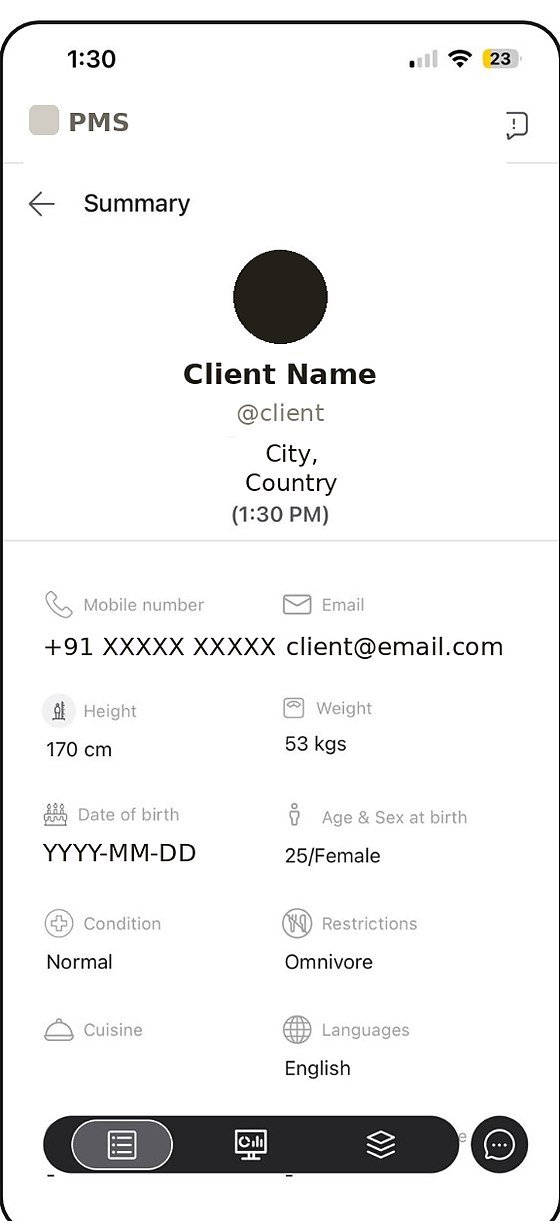 Before: the original summary panel profile view, with client details redacted