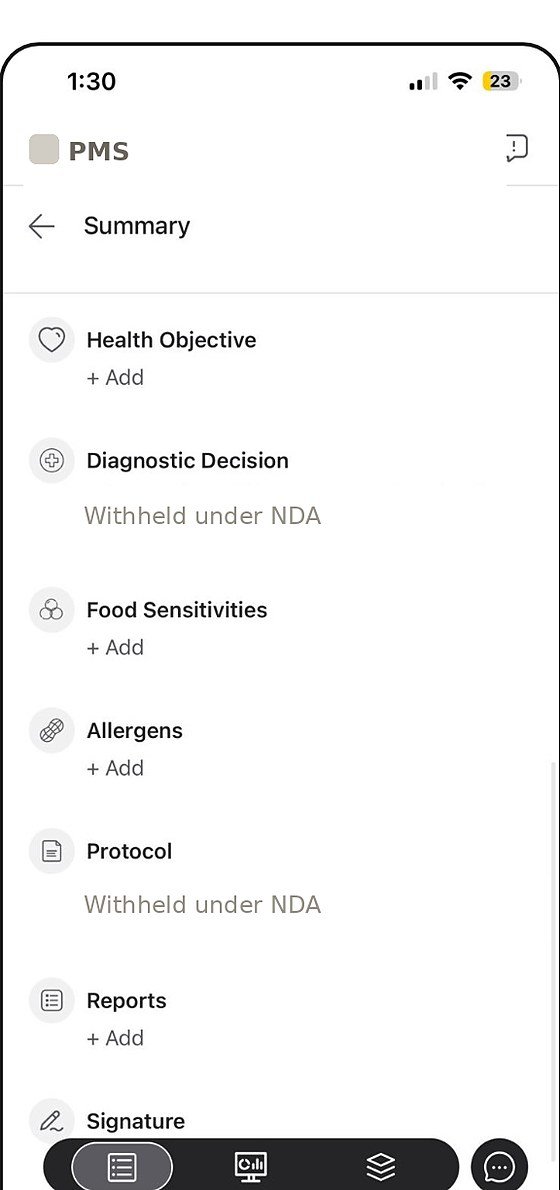 Before: the original summary panel topic list, with diagnostic and protocol content withheld under NDA