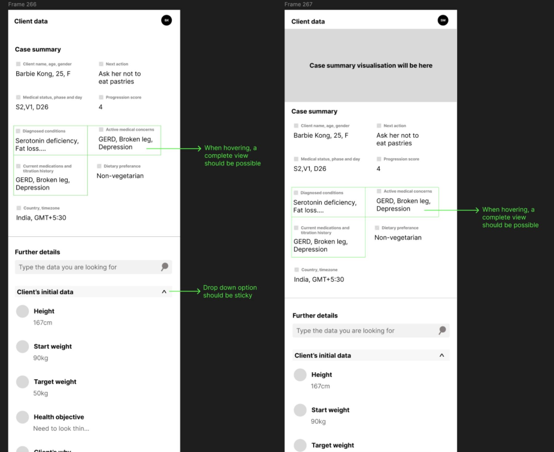 Two low fidelity frames of the Client case panel: case summary fields on top, further details below with search and a sticky section header, with annotations asking for a full view on hover