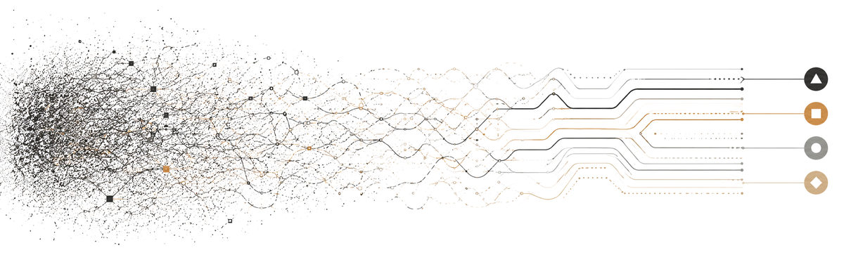 Illustration: a dense scatter of dots and tangled lines on the left gradually resolves, moving right, into four clean paths that each end in a distinct symbol